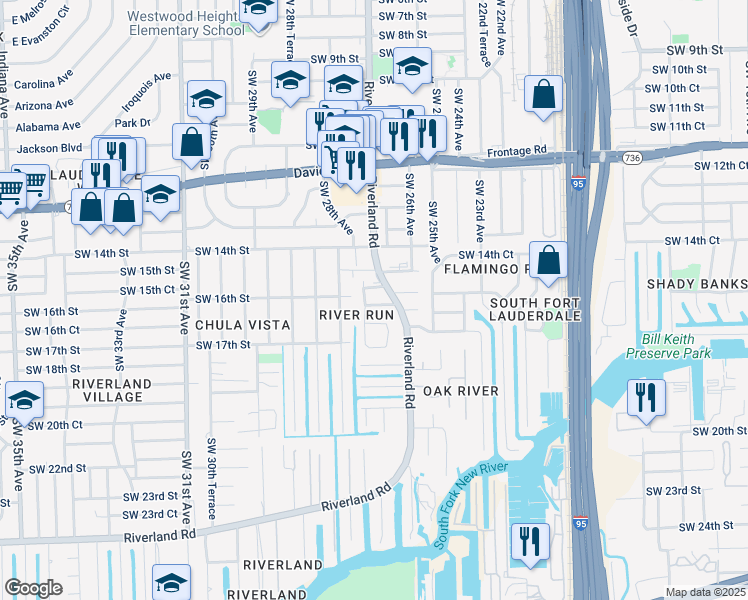 map of restaurants, bars, coffee shops, grocery stores, and more near 1570 Southwest 27th Terrace in Fort Lauderdale
