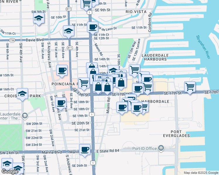 map of restaurants, bars, coffee shops, grocery stores, and more near 1615 Miami Road in Fort Lauderdale