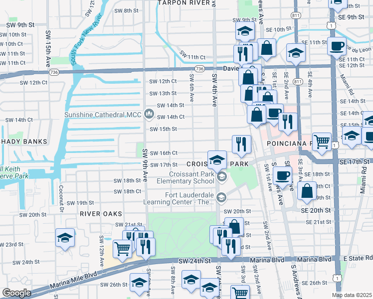 map of restaurants, bars, coffee shops, grocery stores, and more near 612 Southwest 16th Street in Fort Lauderdale