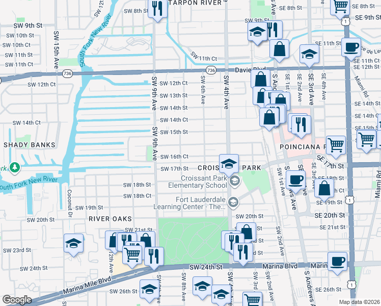 map of restaurants, bars, coffee shops, grocery stores, and more near 612 Southwest 16th Street in Fort Lauderdale