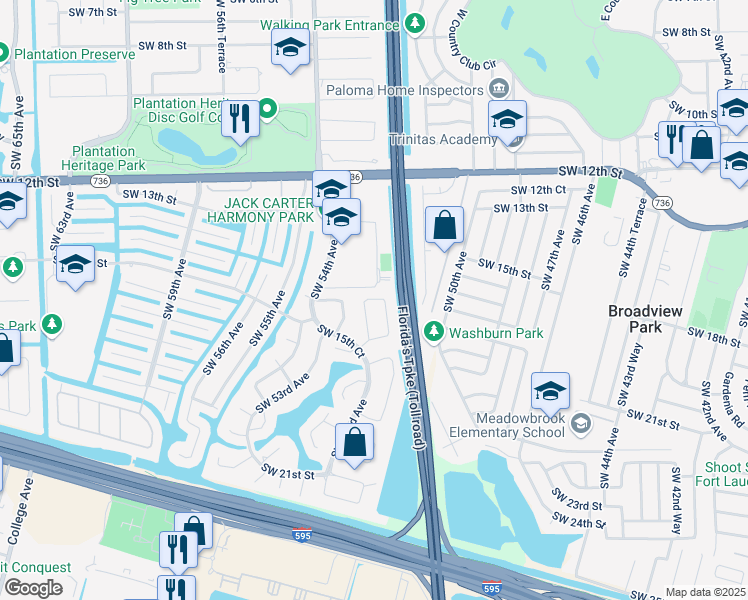 map of restaurants, bars, coffee shops, grocery stores, and more near 1401 Southwest 52nd Way in Plantation