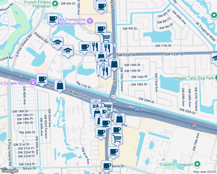 map of restaurants, bars, coffee shops, grocery stores, and more near 1600 Southwest 78th Avenue in Plantation