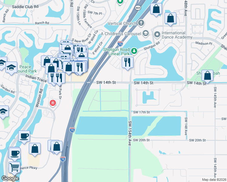 map of restaurants, bars, coffee shops, grocery stores, and more near 15601 Southwest 15th Street in Davie