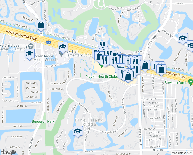 map of restaurants, bars, coffee shops, grocery stores, and more near Tangerine Place in Davie
