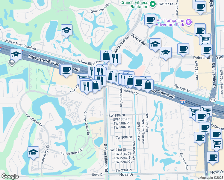 map of restaurants, bars, coffee shops, grocery stores, and more near 8724 Berkley Drive in Davie