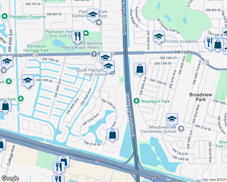 map of restaurants, bars, coffee shops, grocery stores, and more near 1401 Southwest 52nd Way in Plantation