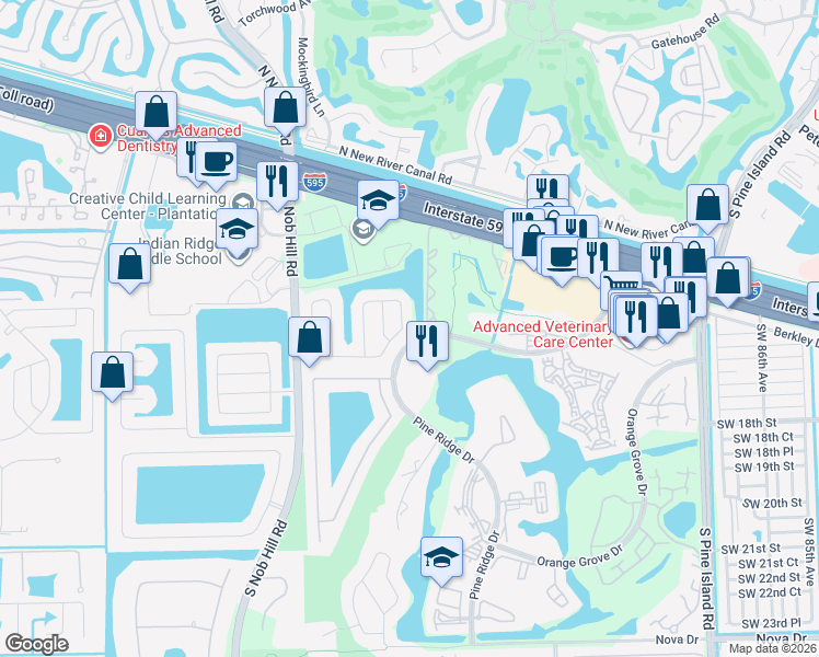 map of restaurants, bars, coffee shops, grocery stores, and more near 1500 Southwest 96th Terrace in Davie