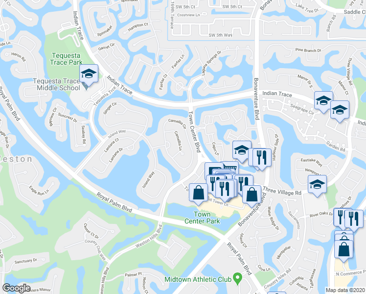 map of restaurants, bars, coffee shops, grocery stores, and more near 1278 Camellia Lane in Weston