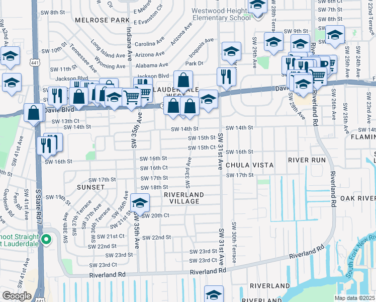 map of restaurants, bars, coffee shops, grocery stores, and more near 3302 Southwest 15th Court in Fort Lauderdale