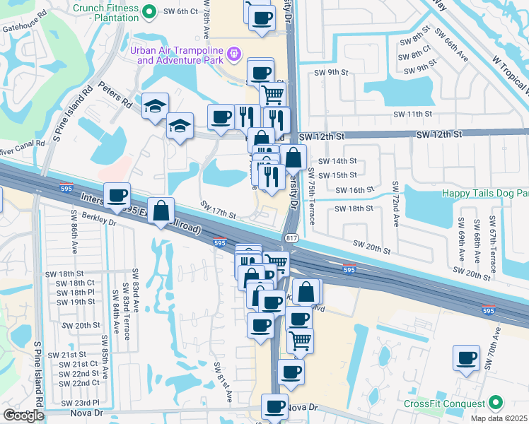 map of restaurants, bars, coffee shops, grocery stores, and more near 1600 Southwest 78th Avenue in Plantation