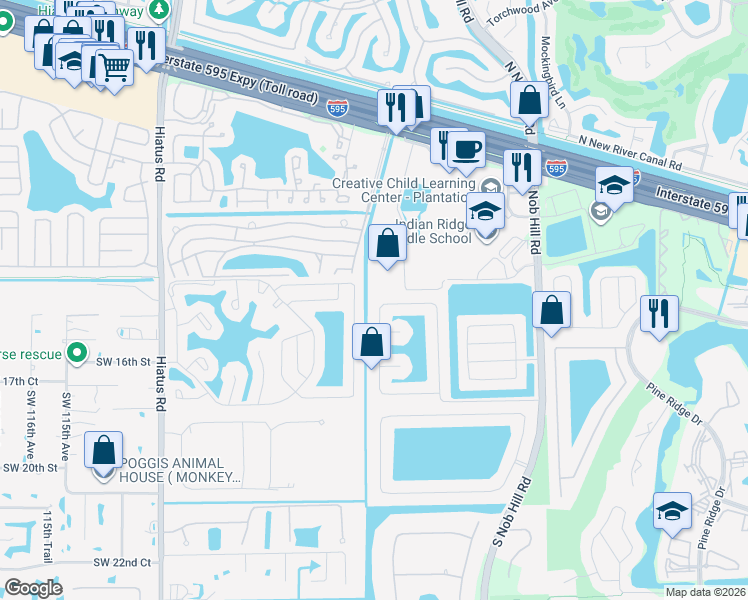 map of restaurants, bars, coffee shops, grocery stores, and more near 1611 Southwest 105th Lane in Davie