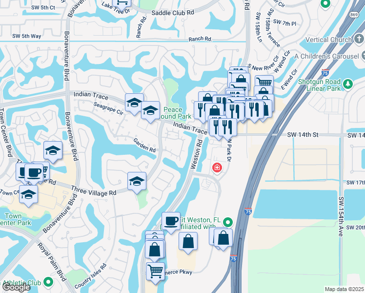 map of restaurants, bars, coffee shops, grocery stores, and more near 1477 Springside Drive in Weston