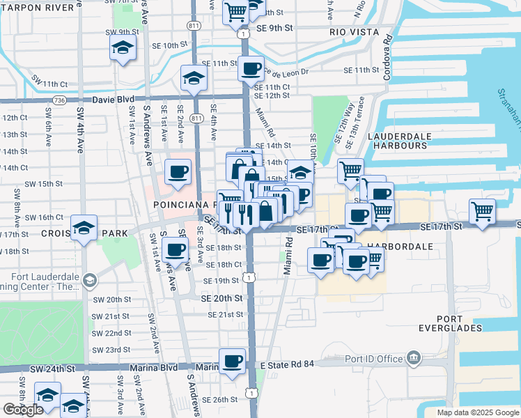 map of restaurants, bars, coffee shops, grocery stores, and more near 721 Southeast 16th Court in Fort Lauderdale