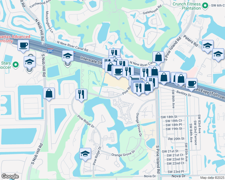 map of restaurants, bars, coffee shops, grocery stores, and more near 9460 Tangerine Place in Davie