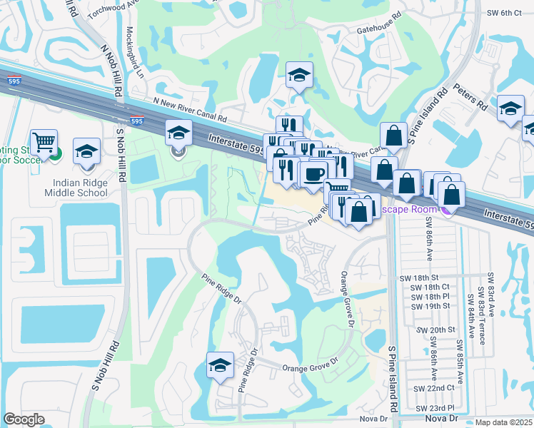 map of restaurants, bars, coffee shops, grocery stores, and more near 9460 Tangerine Place in Davie