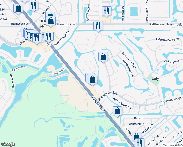 map of restaurants, bars, coffee shops, grocery stores, and more near 196 Baltusrol Drive in Naples