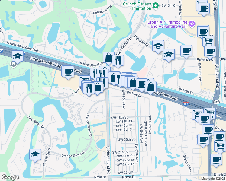 map of restaurants, bars, coffee shops, grocery stores, and more near 8724 Berkley Drive in Davie