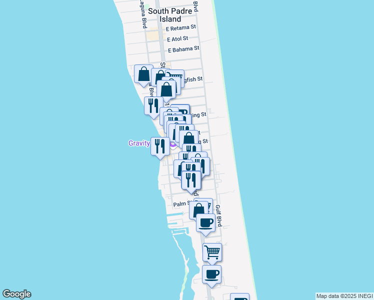 map of restaurants, bars, coffee shops, grocery stores, and more near 2300 State Park Road 100 in South Padre Island