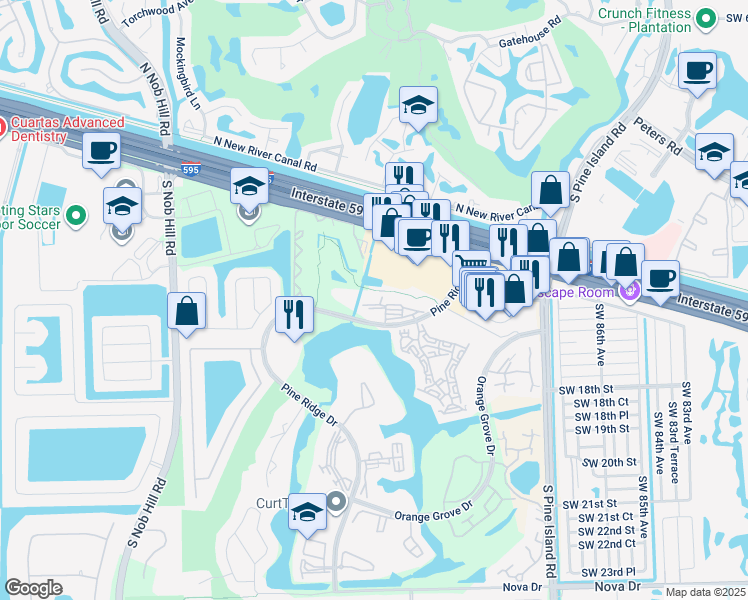 map of restaurants, bars, coffee shops, grocery stores, and more near 9460 Tangerine Place in Davie