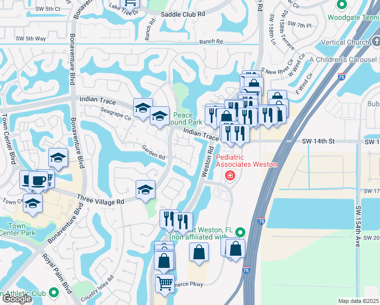 map of restaurants, bars, coffee shops, grocery stores, and more near 1477 Springside Drive in Weston
