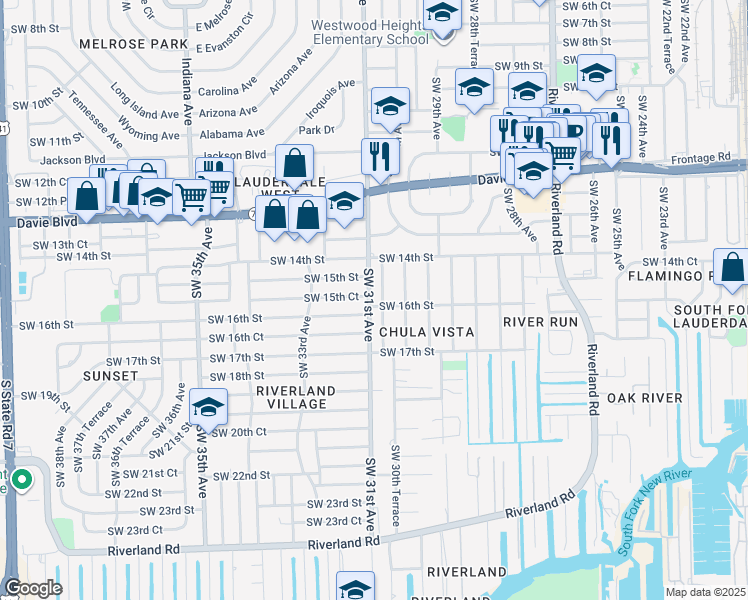 map of restaurants, bars, coffee shops, grocery stores, and more near 1590 Southwest 31st Avenue in Fort Lauderdale