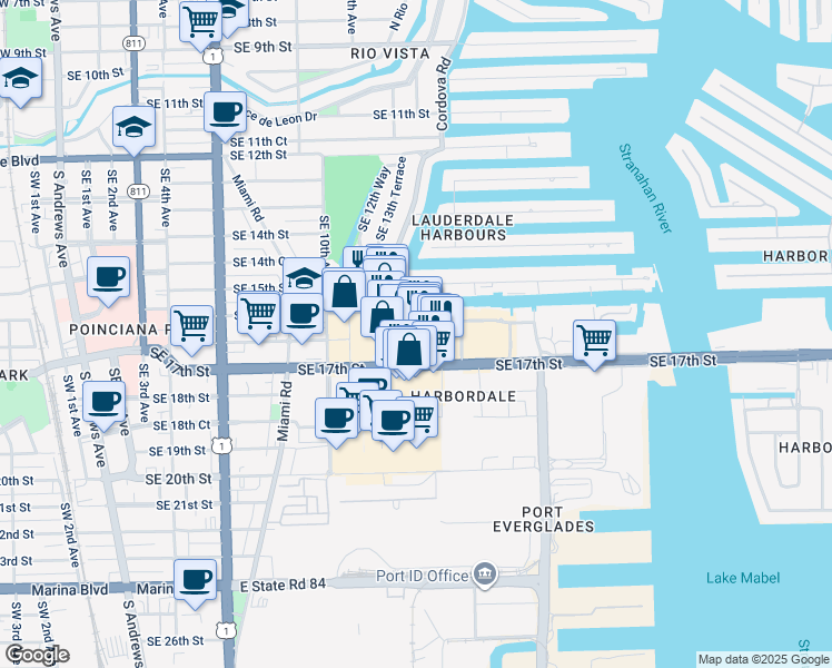 map of restaurants, bars, coffee shops, grocery stores, and more near 1375 Southeast 16th Street in Fort Lauderdale