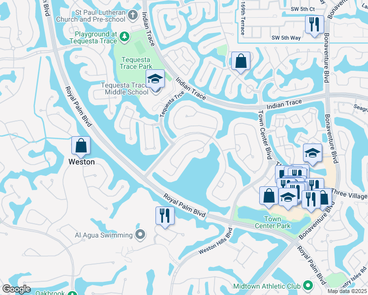 map of restaurants, bars, coffee shops, grocery stores, and more near 1470 Lantana Court in Weston
