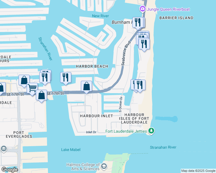 map of restaurants, bars, coffee shops, grocery stores, and more near 1625 Seabreeze Boulevard in Fort Lauderdale