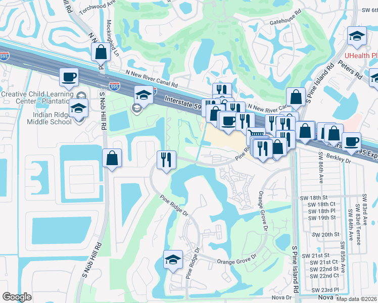 map of restaurants, bars, coffee shops, grocery stores, and more near 9420 Tangerine Place in Davie