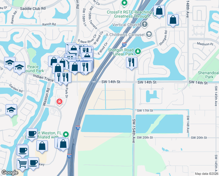 map of restaurants, bars, coffee shops, grocery stores, and more near 15751 SW 15th St in Weston