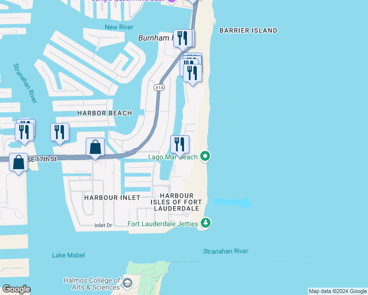 map of restaurants, bars, coffee shops, grocery stores, and more near 1688 South Ocean Lane in Fort Lauderdale