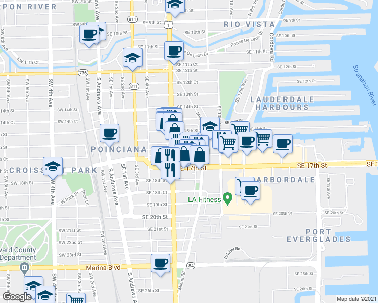 map of restaurants, bars, coffee shops, grocery stores, and more near 721 Southeast 16th Court in Fort Lauderdale