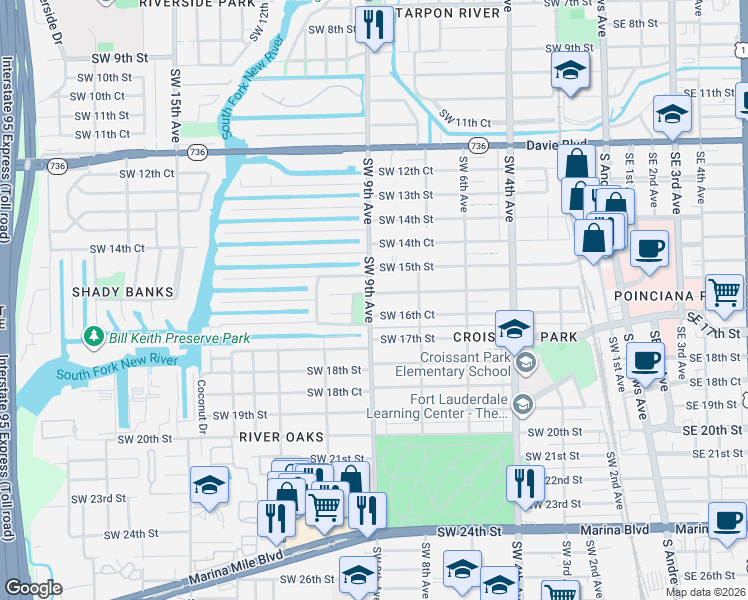 map of restaurants, bars, coffee shops, grocery stores, and more near 838 Southwest 16th Street in Fort Lauderdale