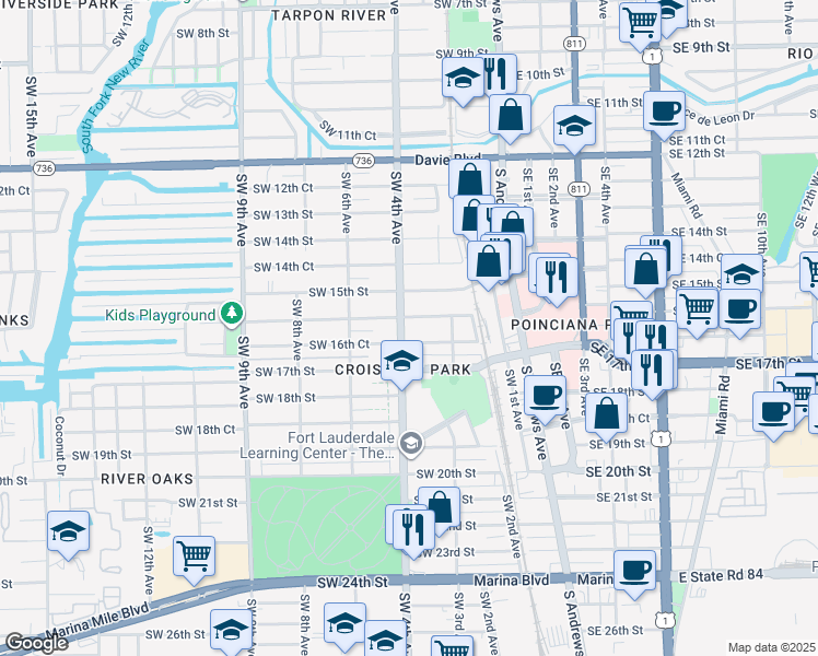 map of restaurants, bars, coffee shops, grocery stores, and more near 1612 Southwest 4th Avenue in Fort Lauderdale