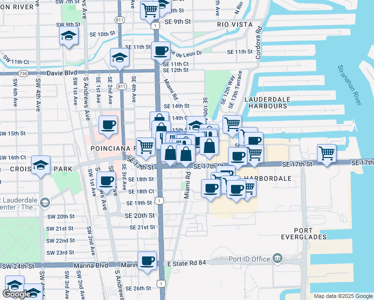 map of restaurants, bars, coffee shops, grocery stores, and more near 1615 Miami Road in Fort Lauderdale