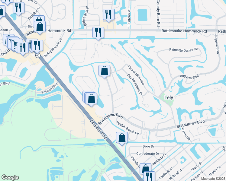 map of restaurants, bars, coffee shops, grocery stores, and more near 111 Pebble Beach Boulevard in Naples