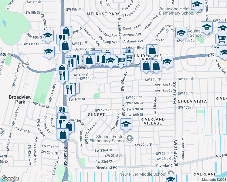 map of restaurants, bars, coffee shops, grocery stores, and more near 3537 Southwest 15th Court in Fort Lauderdale
