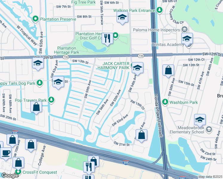 map of restaurants, bars, coffee shops, grocery stores, and more near 1581 Southwest 56th Avenue in Plantation
