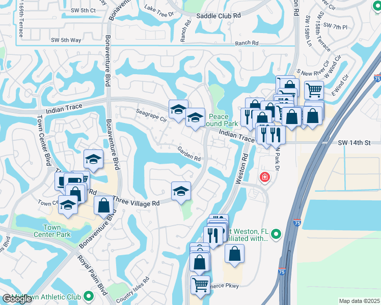 map of restaurants, bars, coffee shops, grocery stores, and more near 1511 Garden Road in Weston