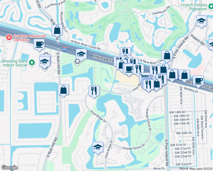map of restaurants, bars, coffee shops, grocery stores, and more near 9420 Tangerine Place in Davie