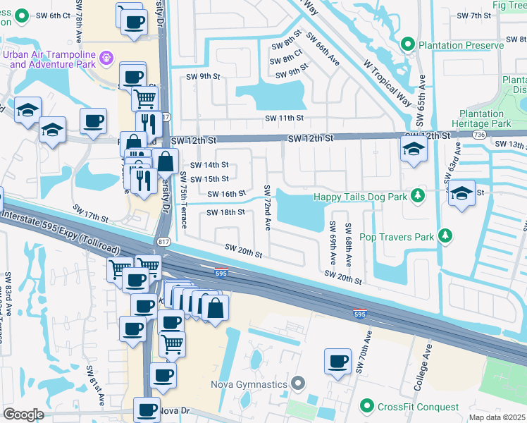 map of restaurants, bars, coffee shops, grocery stores, and more near 1701 Southwest 72nd Avenue in Plantation