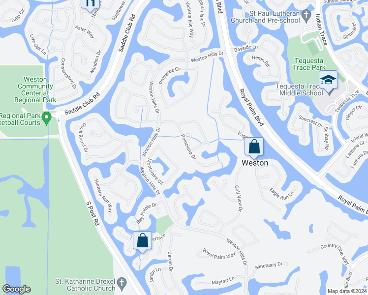 map of restaurants, bars, coffee shops, grocery stores, and more near 2481 Poinciana Drive in Weston