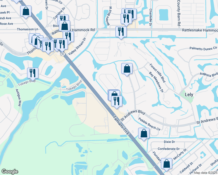 map of restaurants, bars, coffee shops, grocery stores, and more near 196 Baltusrol Drive in Naples