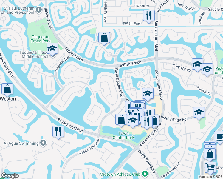 map of restaurants, bars, coffee shops, grocery stores, and more near 1278 Camellia Lane in Weston