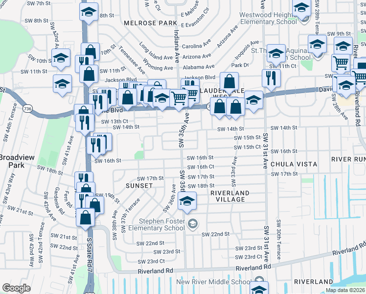 map of restaurants, bars, coffee shops, grocery stores, and more near 3481 Southwest 15th Court in Fort Lauderdale