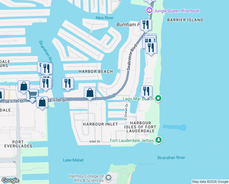 map of restaurants, bars, coffee shops, grocery stores, and more near 1625 Seabreeze Boulevard in Fort Lauderdale