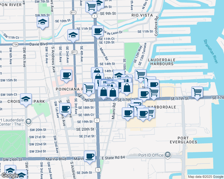 map of restaurants, bars, coffee shops, grocery stores, and more near 1615 Miami Road in Fort Lauderdale