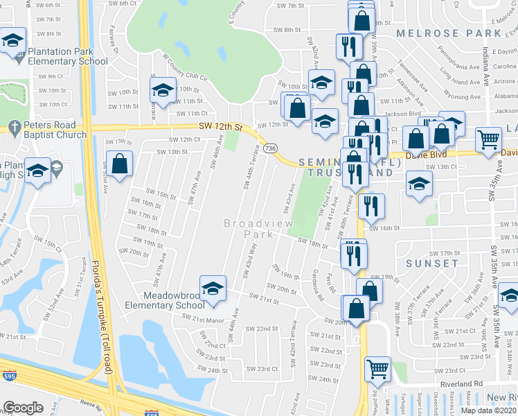 map of restaurants, bars, coffee shops, grocery stores, and more near 1633b Southwest 44th Avenue in Fort Lauderdale