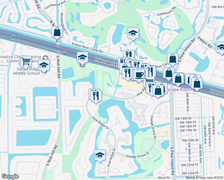 map of restaurants, bars, coffee shops, grocery stores, and more near 9420 Tangerine Place in Davie