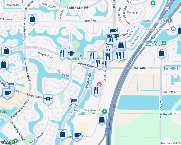 map of restaurants, bars, coffee shops, grocery stores, and more near 1452 Weston Road in Weston
